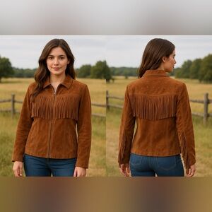Y2K Suede Fringe Jacket Coat Brown Rhinestone Western Country Cowgirl Leather S